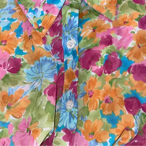 Vintage Sheer Floral Blouse Vibrant Print Artsy Short Sleeved Collared Button Do - Picture 3 of 7